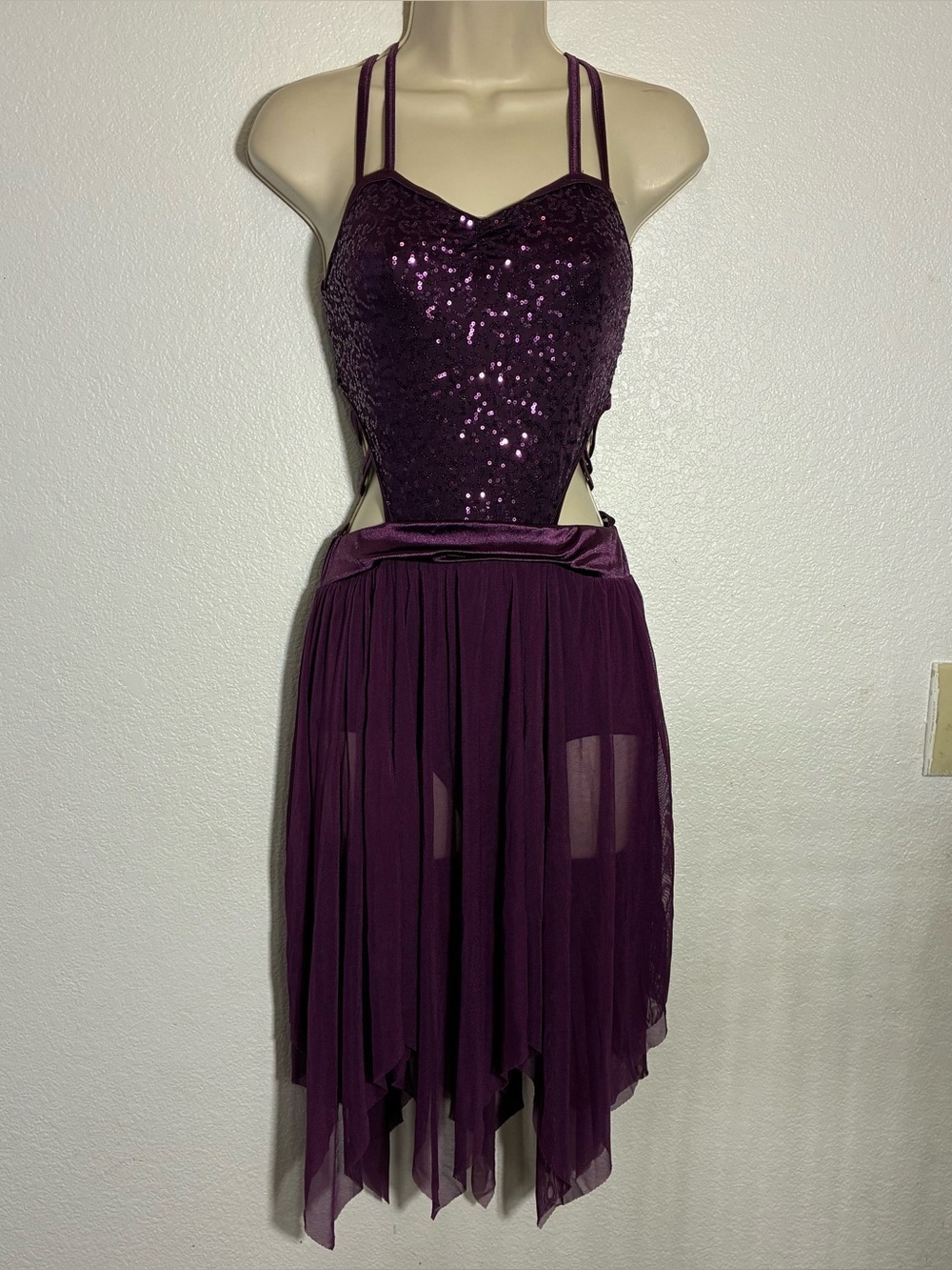 Sequined Plum Chiffon Dance/performing/entertainer Dress with Strappy Back